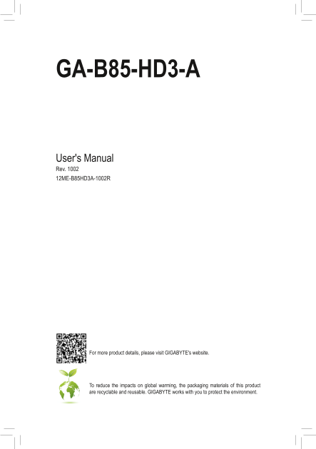 Gigabyte Motherboard GA-B85-HD3-A (rev.1.0) User Manual - English (version 1002) - Page 1