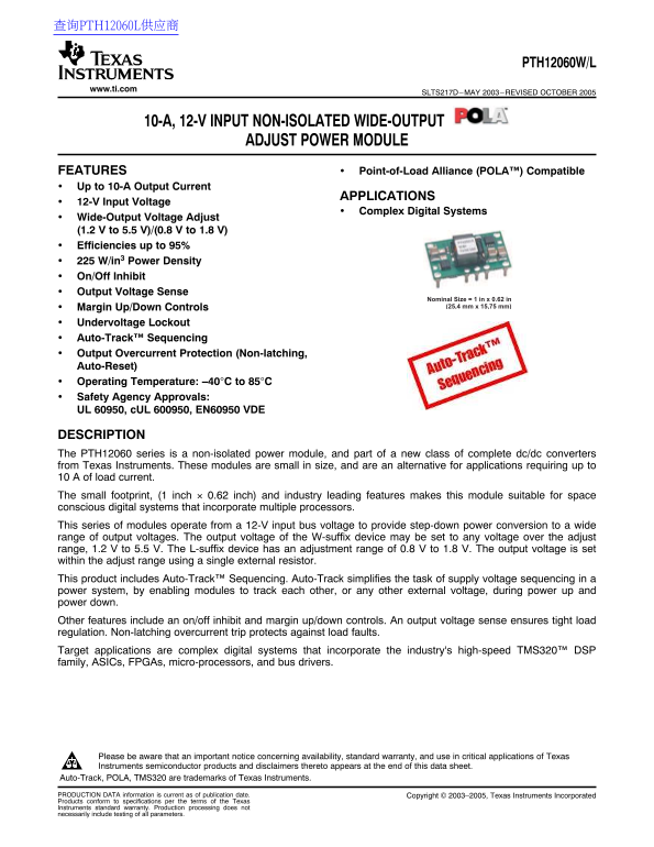Texas Instruments PTH12060W L 10-10, 12-V Input Non-Isolated Wide-Output Adjustable Power Module Data Sheet User Manual - Page 1