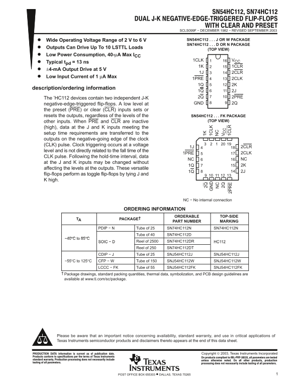 Texas Instruments SN74HC112 Data Sheet - Page 1