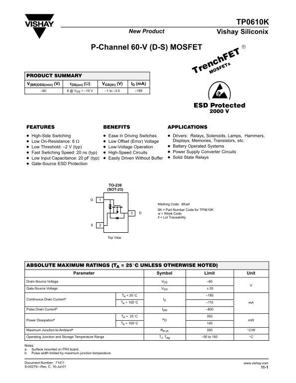 Vishay Siliconix - TP0610K Vishay Siliconix New Product Document Number 71411 S-04279—Rev. C, 16-Jul-01 Owner's Manual User Guide - Page 1