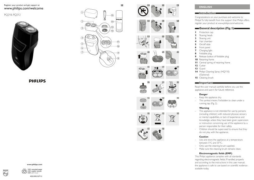 Philips Electric Shaver PQ212 16 Product Support & User's Manual - Page 1