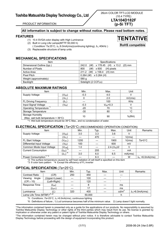 Toshiba Product Information - (1 11) 2008-06-24 (Ver.0.8R) - Page 1