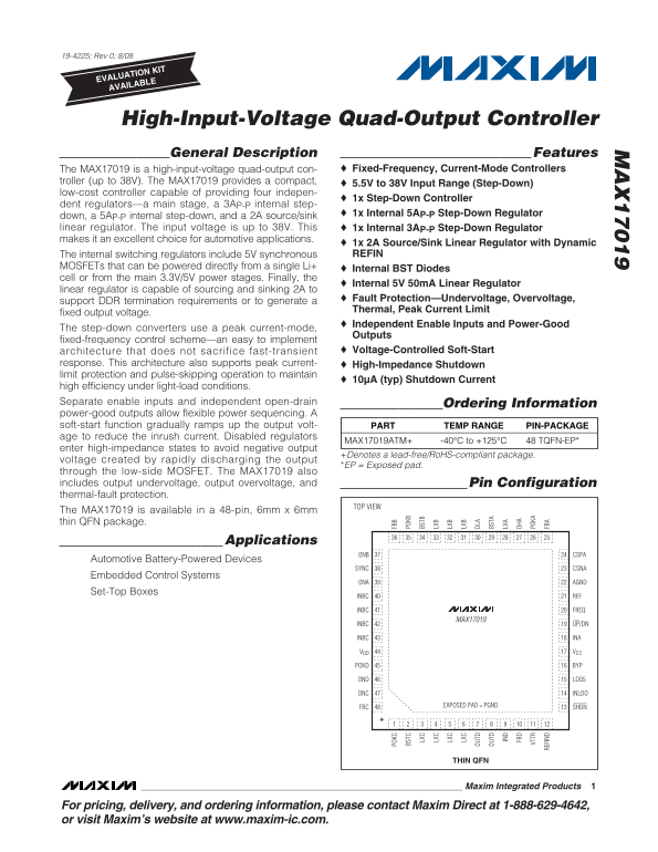 MAXIM MAX17019 High-Input-Voltage Quad-Output Controller Specifications Data Sheet - Page 1