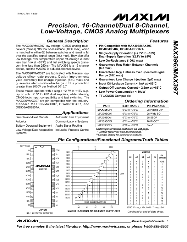 MAXIM MAX396 MAX397 Precision Data Sheet 16-Channel Dual 8-Channel Low-Voltage CMOS Analog Multiplexers Manual - Page 1