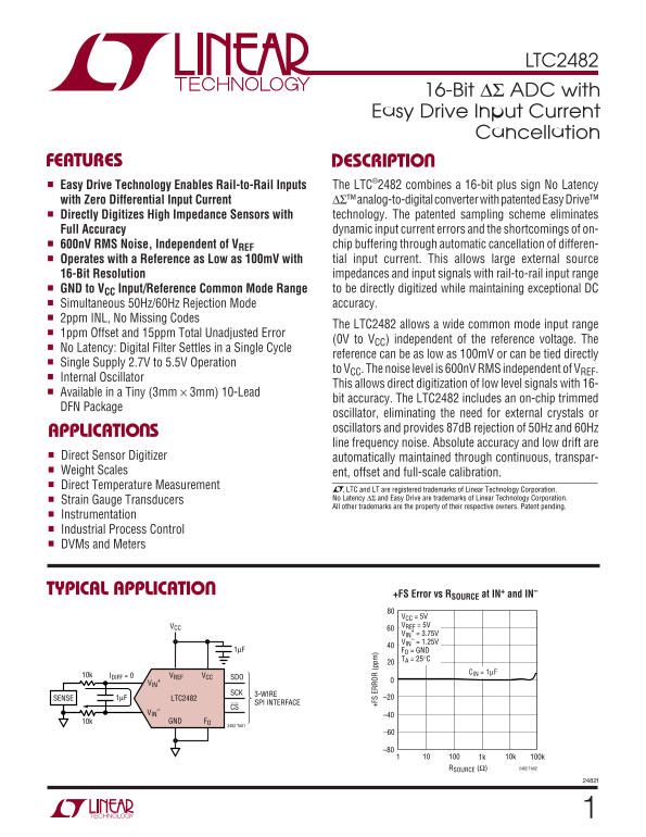 LINEAR TECHNOLOGY LTC2482 16-Bit ΔΣ ADC with Easy Drive Input Current Cancellation Data Sheet User Manual - Page 1