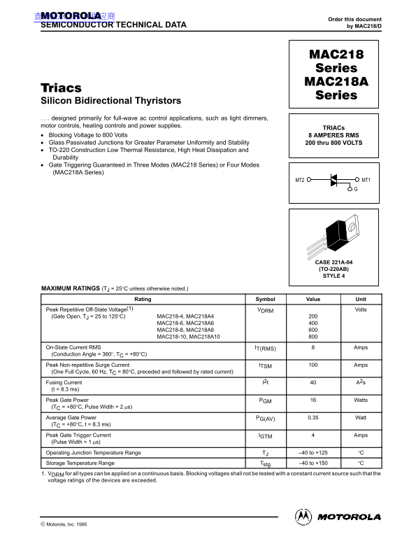 Motorola MAC218 Series MAC218A Series Data Sheet User Guide - Page 1