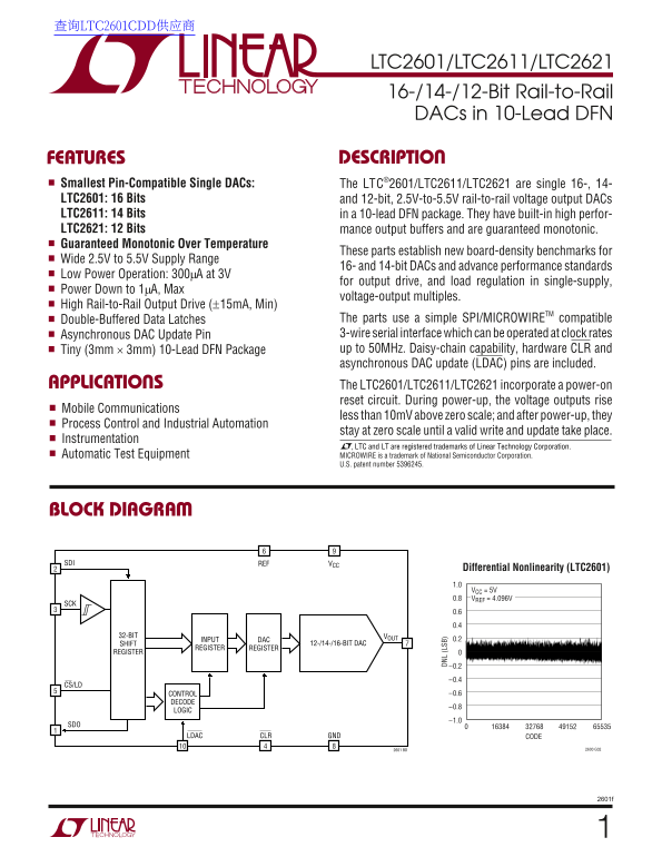 LINEAR TECHNOLOGY LTC2601 Data Sheet User Guide LTC2611 LTC2621 - Page 1
