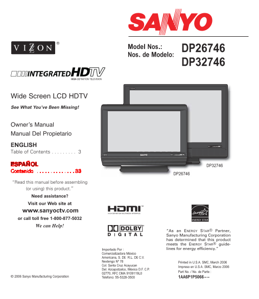 Sanyo DP26746 DP32746 User Guide and Instruction Manual - Page 1
