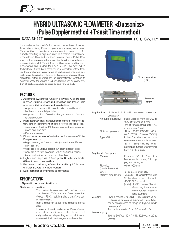 Fuji Electric Instruments and Meters Series FSH, FSW, FLY Dual Sonic Mixed Type Ultrasonic Flowmeter (Duosonics) Product Specifications Sheet - Page 1