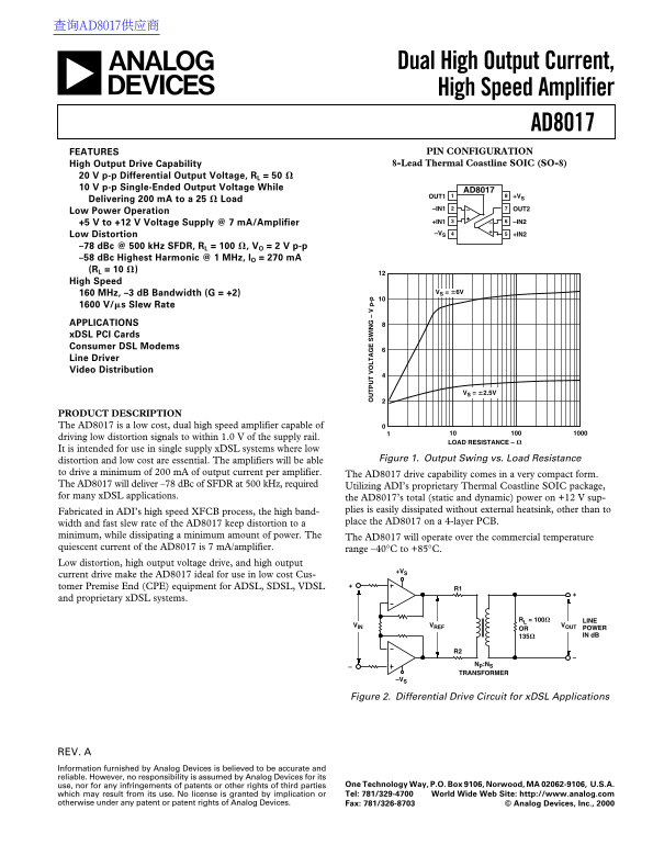 AD8017 Dual High Output Current, High Speed Amplifier Data Sheet / Specification - Page 1