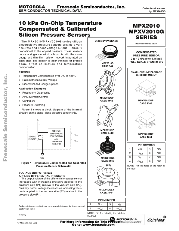 MOTOROLA Semiconductor MPX2010, MPXV2010G TECHNICAL DATA - Page 1