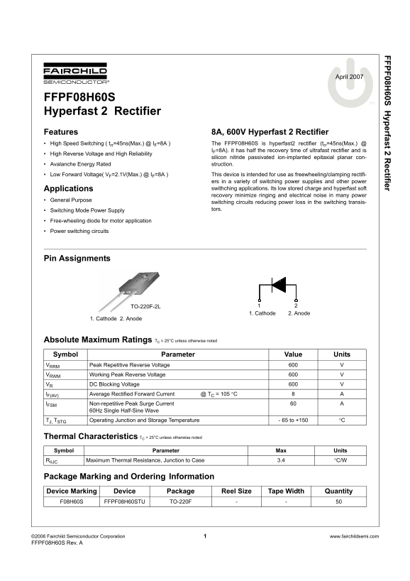 Fairchild FFPF08H60S Hyperfast 2 Rectifier Data Handbook - Page 1