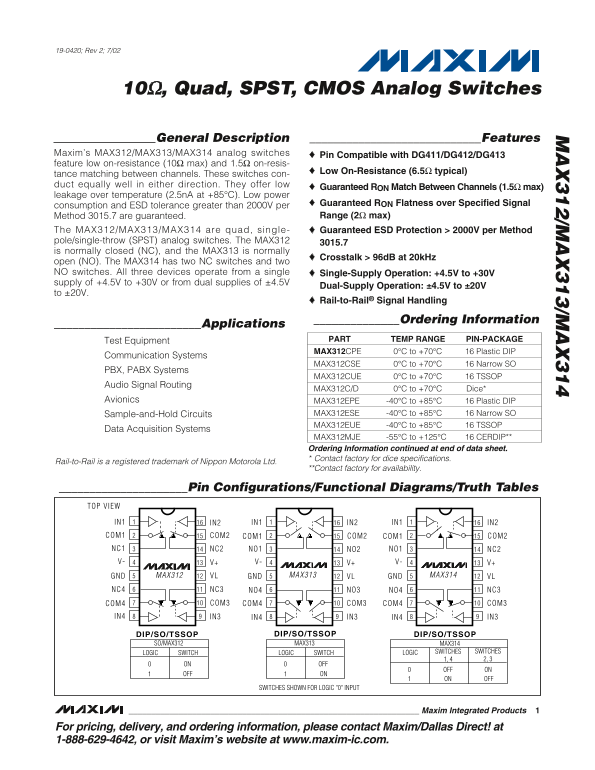 MAXIM MAX312 MAX313 MAX314 10 Data Sheet , Quad, SPST, CMOS Analog Switches User Manual - Page 1