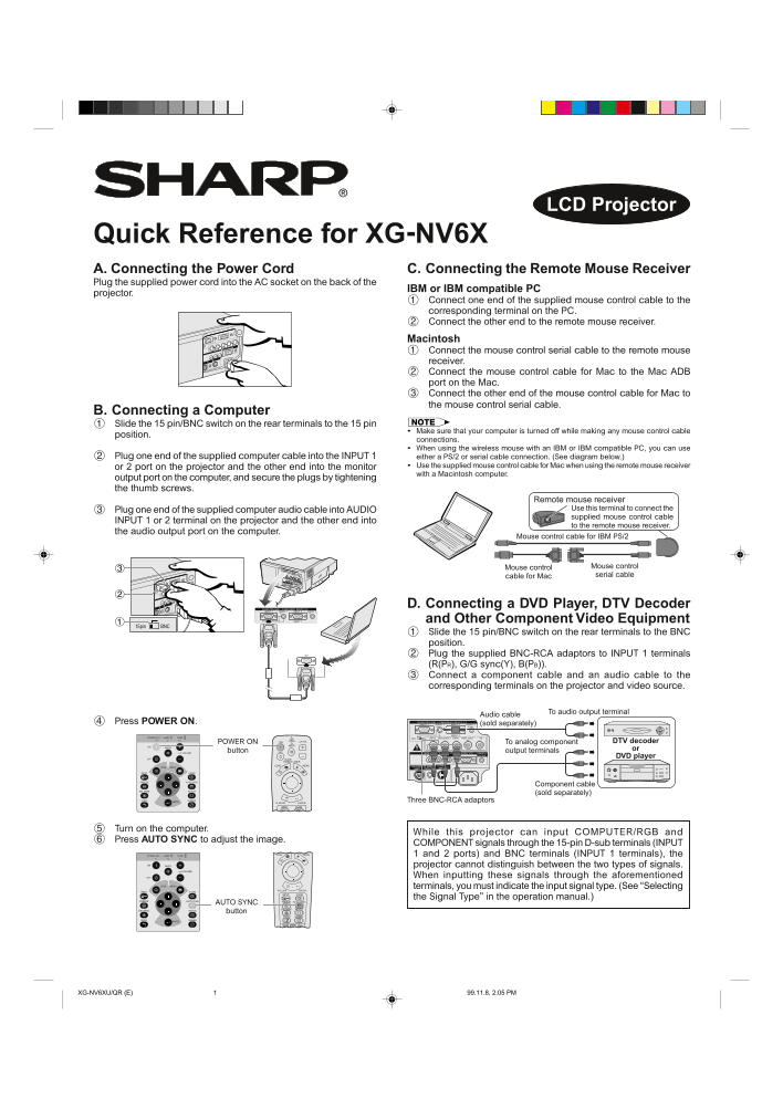 SHARP XG-NV6XU Quick User Guide Projector Owner's Manual - Page 1