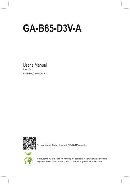Gigabyte Motherboard GA-B85-D3V-A (rev.1.0) User Manual English (version 1002) - Page 1