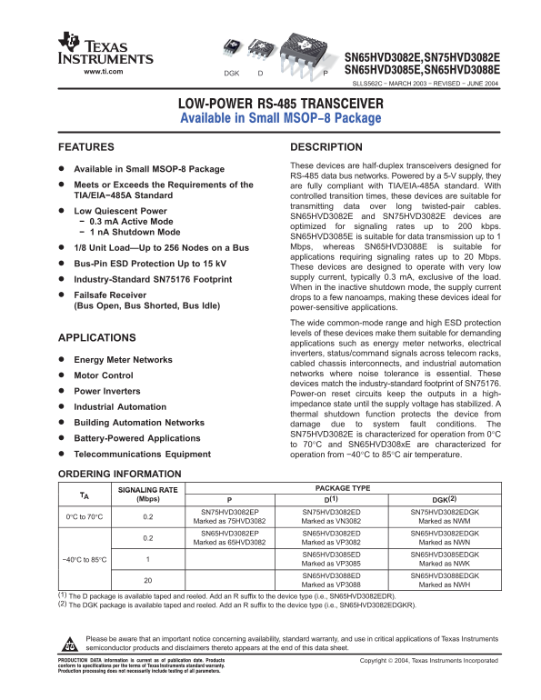 Texas Instruments SN65HVD3082E SN75HVD3082E SN65HVD3085E SN65HVD3088E Data Sheet Manual Guide - Page 1