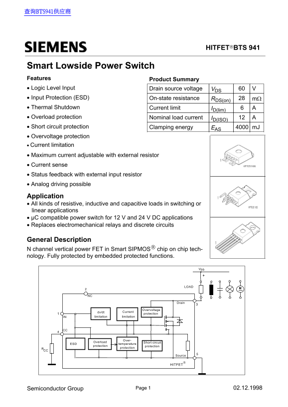 Siemens HITFET BTS 941 Smart Lowside Power Switch User Manual and Specification Sheet - Page 1