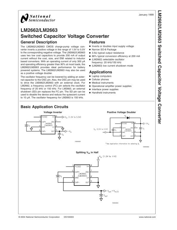 National Semiconductor - LM2662 LM2663 Switched Capacitor Voltage Converter Data Sheet Manual - Page 1