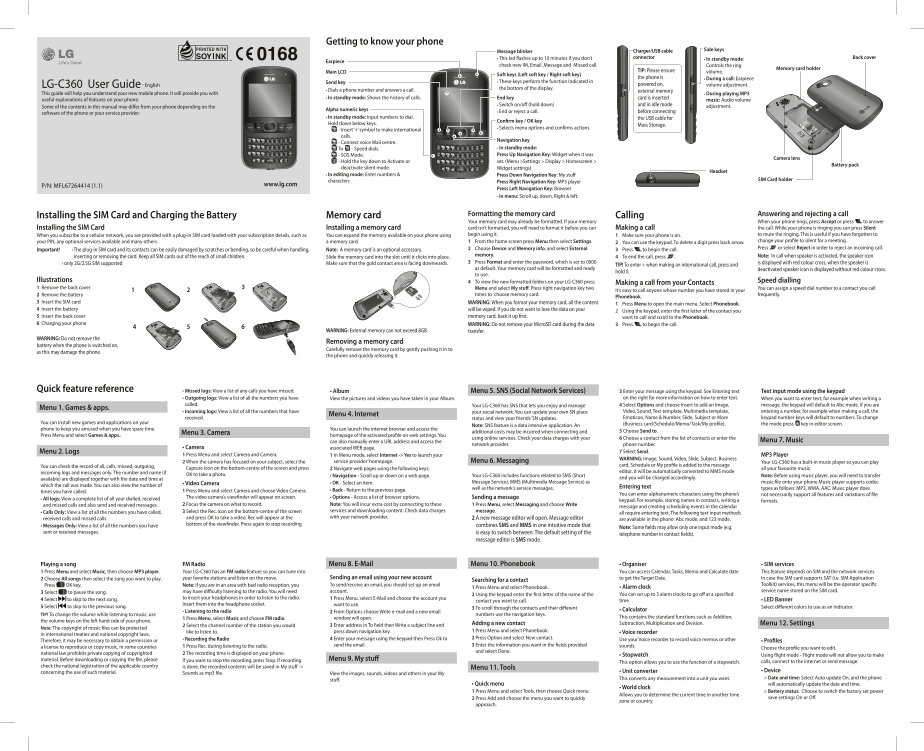 LG GSM Phone LGC360.ACHNDB Product Manual CARPHONE WAREHOUSE (UK Open) - Page 1