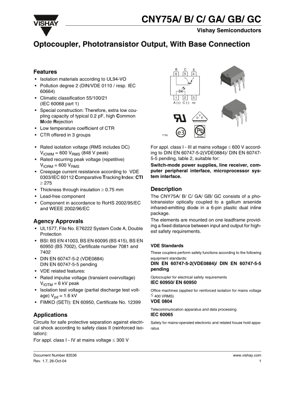 VISHAY CNY75A B C GA GB GC Optocoupler, Phototransistor Output, With Base Connection - Page 1