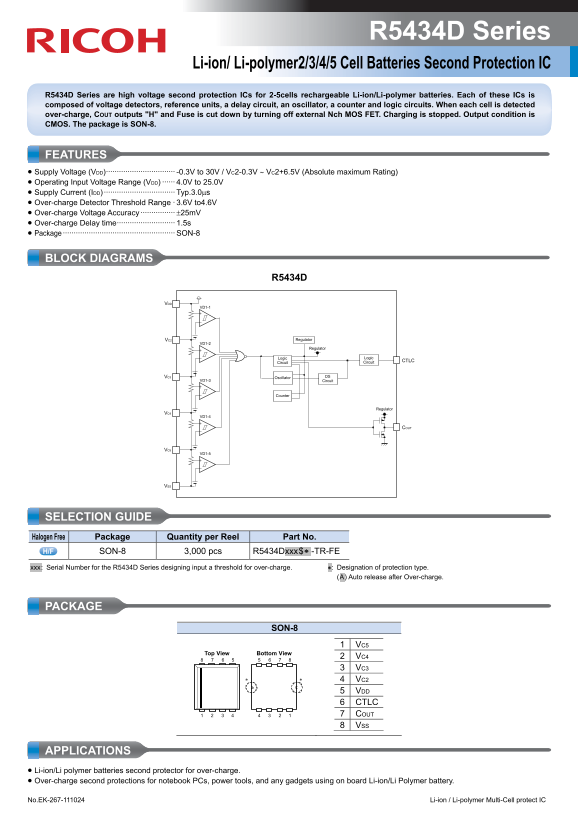 RICOH R5434D Series Li-ion Li-polymer Battery Cells Second Protection IC Manual User Guide - Page 1