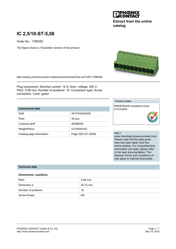 Phoenix Contact - IC 2.5 10-ST-5.08 Data Sheet User Manual - Page 1
