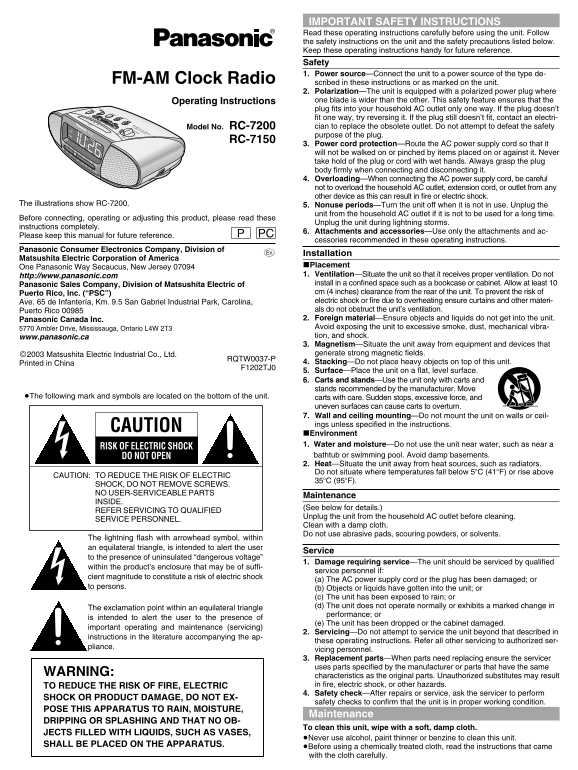 Panasonic RC-7200 RC-7150 User's Manual - Page 1