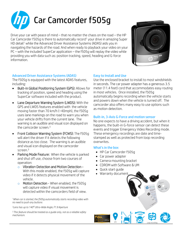 HP f505g Car dashcam Product Information - Page 1