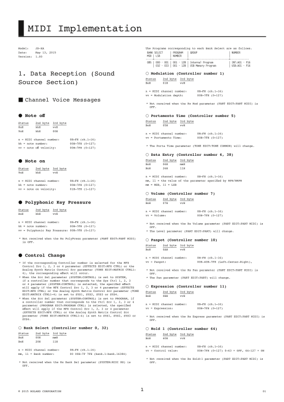 Roland JD-XA MIDI Implementation User's Manual - Page 1