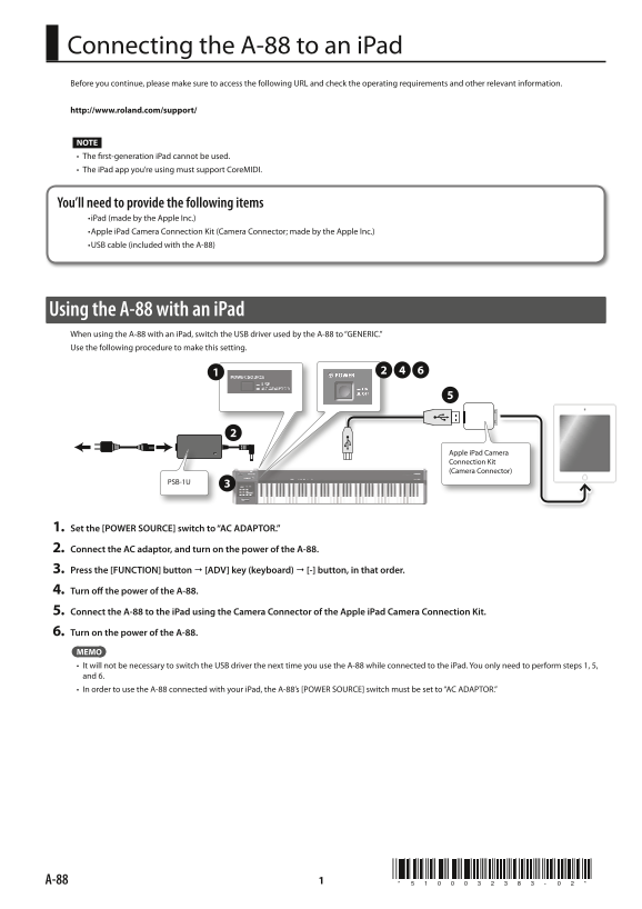 Roland A-88 MIDI Keyboard Controller Addendum User's Manual - Page 1