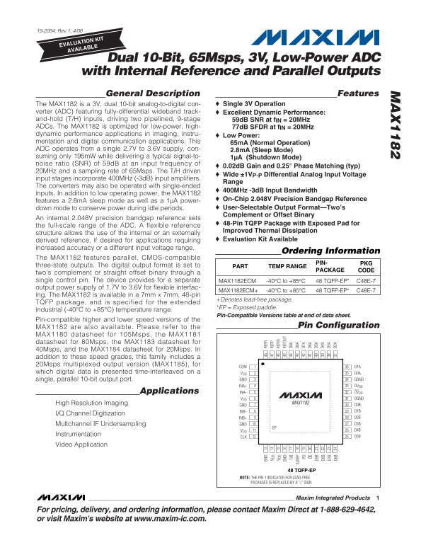 MAXIM MAX1182 Dual 10-Bit, 65Msps, 3V, Low-Power ADC with Internal Reference and Parallel Outputs - Page 1