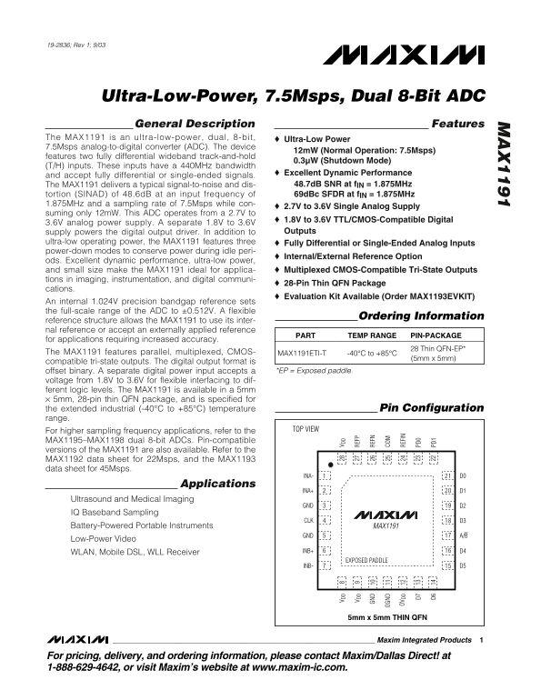 MAXIM MAX1191 Ultra-Low-Power, 7.5Msps, Dual 8-Bit ADC User Manual Data Sheet - Page 1
