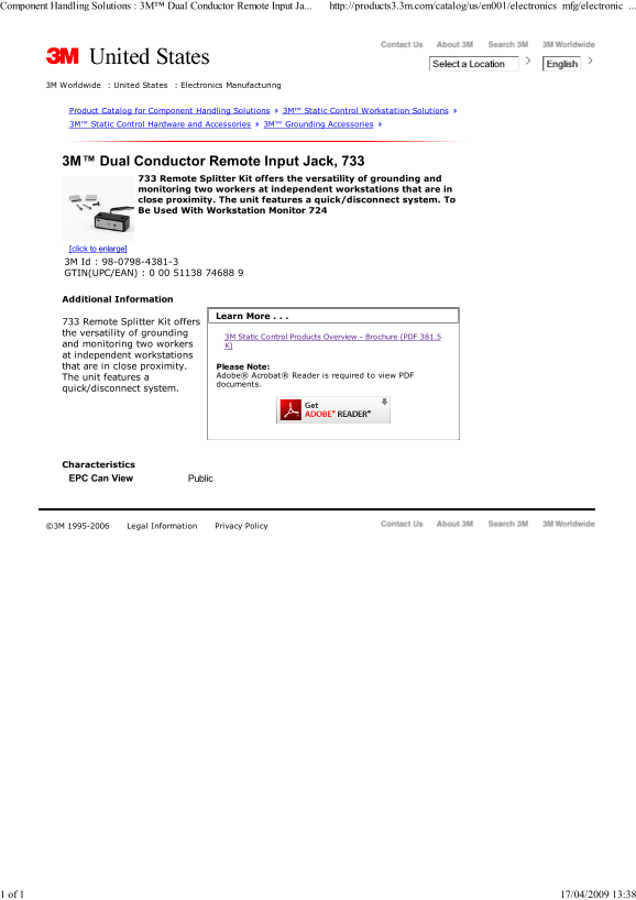 3M Dual Conductor Remote Input Jack, 733 Owner's Manual - Page 1