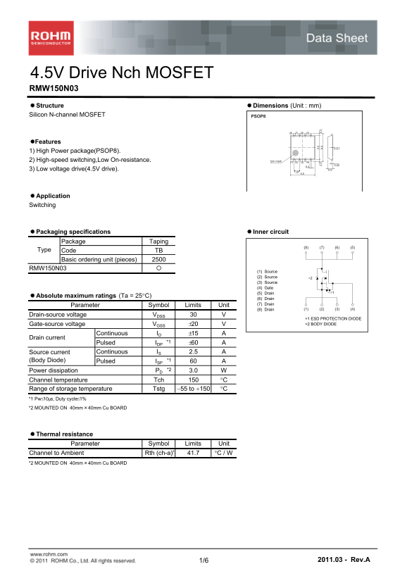 ROHM Semiconductor RMW150N03 Data Sheet - Page 1