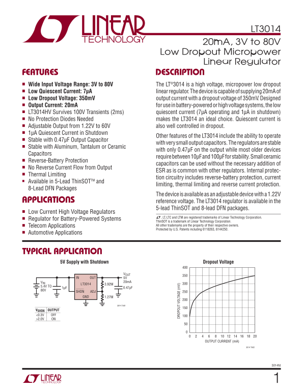 LINEAR TECHNOLOGY LT3014 Specifications and User Guide - Page 1