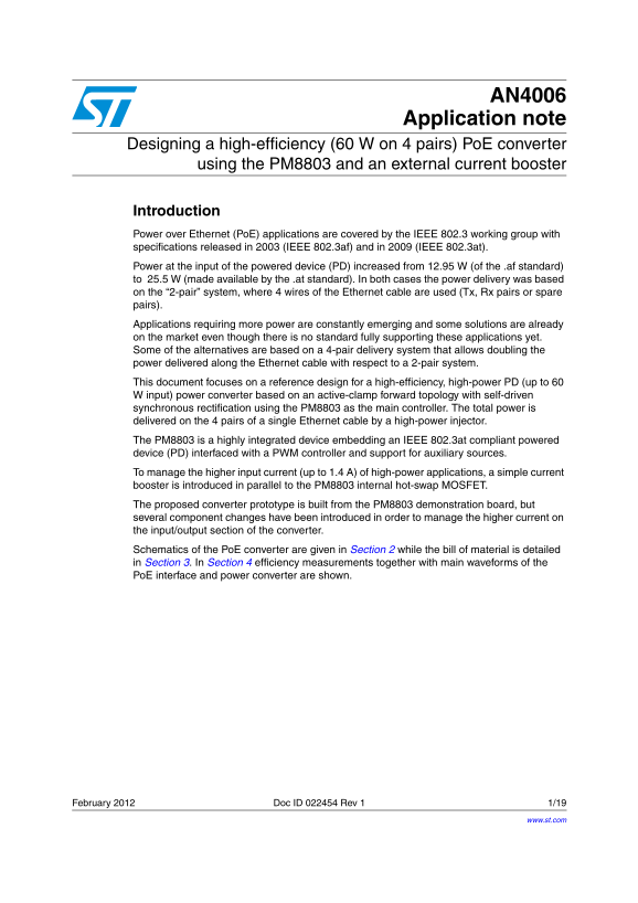 ST AN4006 Application Note: Designing a High-Efficiency (60 W on 4 Pairs) PoE Converter Using the PM8803 and an External Current Booster - Page 1