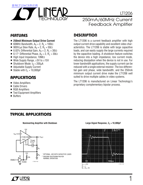 LINEAR LT1206 Data Sheet - Page 1