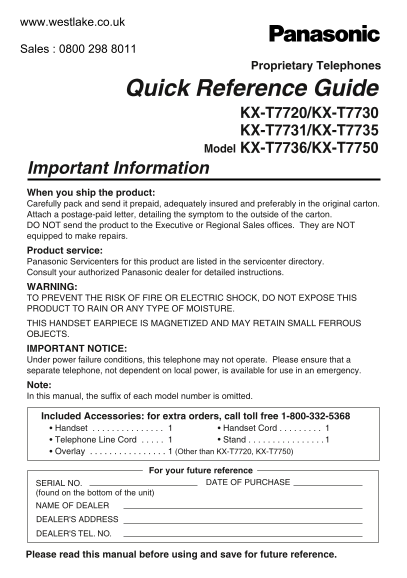 Panasonic KX-T7720 T7730 T7731 T7735 T7736 T7750 User Guide and Manual - Page 1