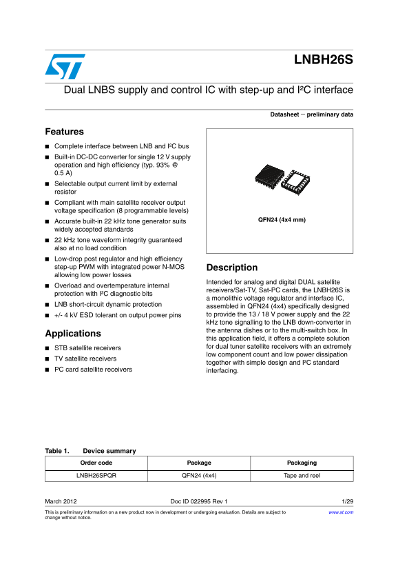 ST LNBH26S Dual LNBS Supply and Control IC with Step-up and I²C Interface Data Sheet User Manual - Page 1