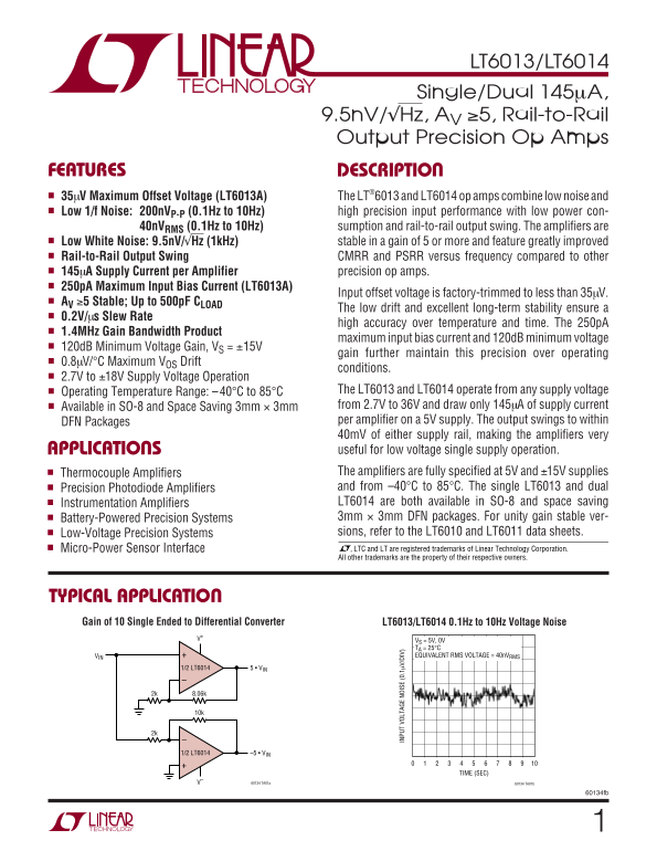 LINEAR TECHNOLOGY LT6013 LT6014 User's Manual - Page 1