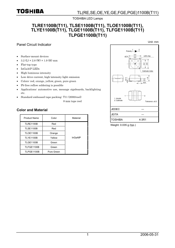 Toshiba - TL(RE,SE,OE,YE,GE,FGE,PGE)1100B(T11) Data Handbook - Page 1
