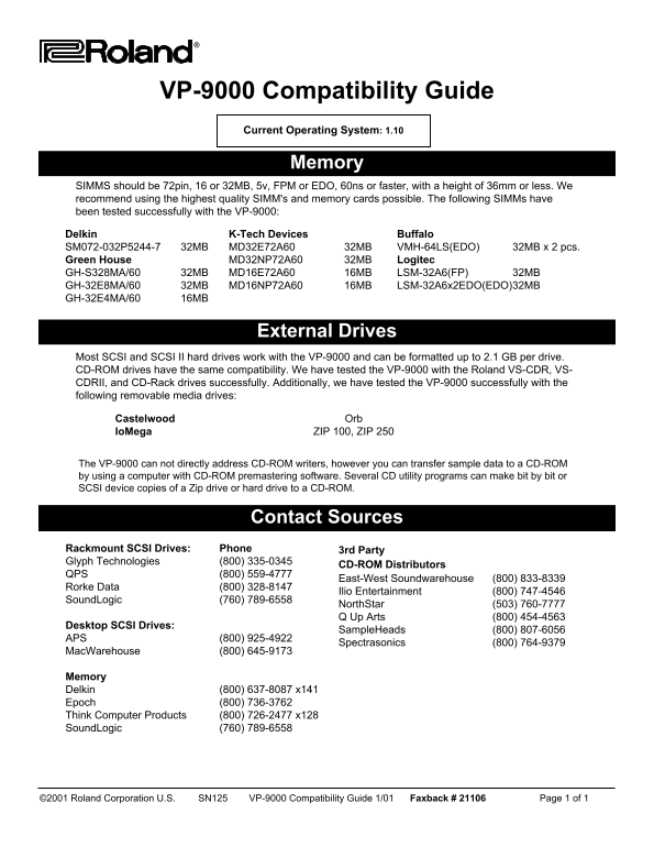 Roland VP-9000 VariPhrase Processor Compatibility Guide - Page 1