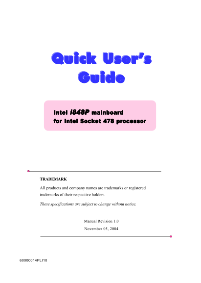 Intel i848P Mainboard User's Guide - For Intel Socket 478 Processor Owner's Manual and Specifications - Page 1