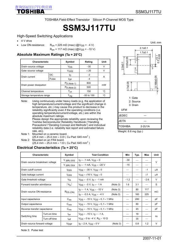 Toshiba Field-Effect Transistor Silicon P-Channel MOS Type SSM3J117TU Data Manual - Page 1