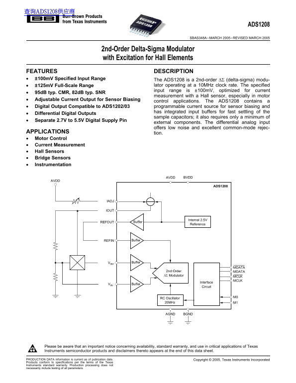 Texas Instruments ADS1208 Data Handbook/Manual Specification Sheet User Guide Technical Documentation Hardware Reference Manual Product Brief Product Specifications - Page 1