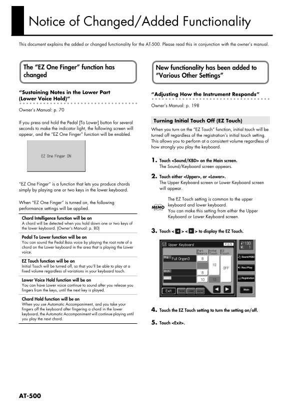 Roland AT-500 Atelier Series Organ Addendum User Manual - Page 1