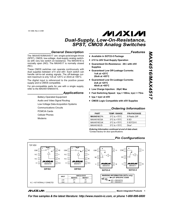 MAXIM MAX4516 MAX4517 Dual-Supply, Low-On-Resistance, SPST, CMOS Analog Switches Data Sheet - Page 1