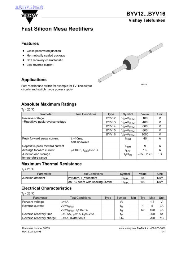 Vishay BYV12...BYV16 Data Handbook/Specifications - Page 1