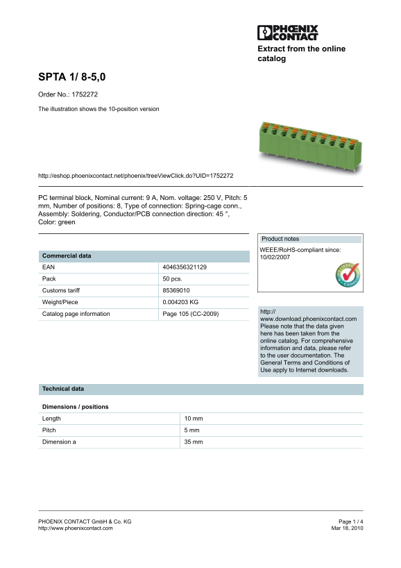 Phoenix Contact - SPTA 1 8-5,0 Order No. 1752272 - Page 1