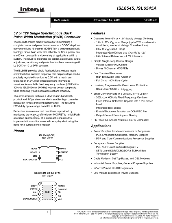 Intel INTERSIL - ISL6545, ISL6545A Data Sheet - Page 1